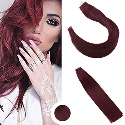 Ugeat 24inch Invisiable Tape Hair Extensions Red Wine Color #99J PU Skin Weft Human Hair Real Human Hair Tape in Hair Extensions 50Gram 20Pcs