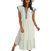 Dokotoo Womens Dresses 2026 Summer V-Neck Ruffle Cap Sleeve Empire Waist Flowy Striped Beach Midi Maxi Dress with Pockets