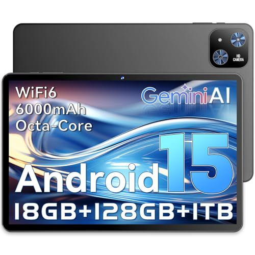 Tablet Android 15 da 10,1 pollici, 18GB RAM (6+12) 128GB ROM, T30 Octa-Core, espandibile fino a 1TB, WiFi 6, batteria da 6000mAh, display HD IPS 1280×800, GPS, Widevine L1, Tablet con Gemini AI, Nero