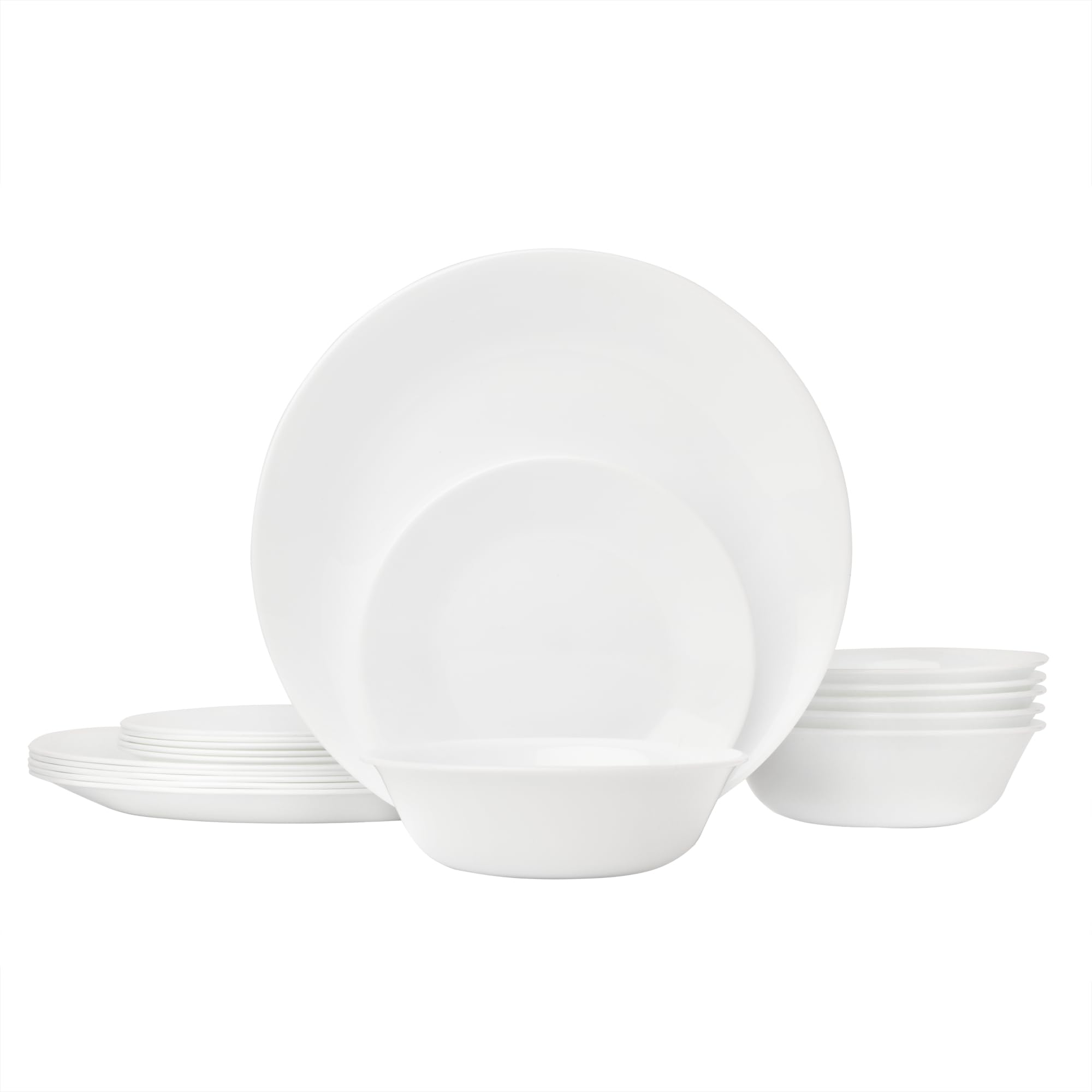 Corelle Vitrelle 18-Piece Service for 6 Dinnerware Set Triple Layer Glass and Chip Resistant, Lightweight Round Plates and Bowls Set, Winter Frost White
