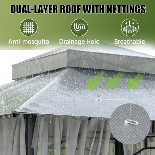 JUNKAI 8x8 Patio Gazebo with Double Roof, Mosquito Netting, Waterproof & UV Protection Outdoor Canopy Tent image 9