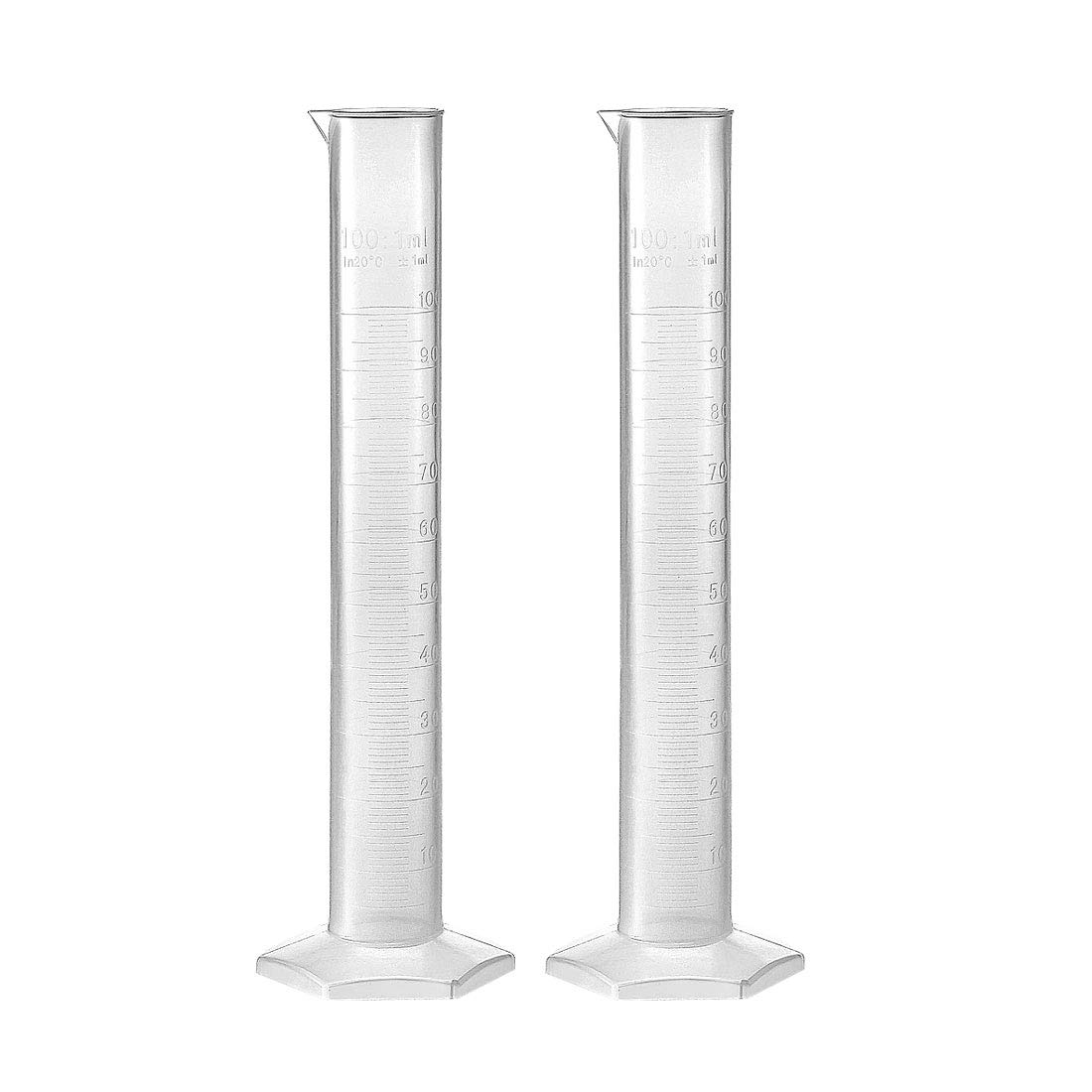 sourcing map Plastic Graduated Cylinder, 100ml Measuring Cylinder, Science Test Tube Beakers, Single Metric Scale, Clear Hex Base Flask for Lab Home 2pcs