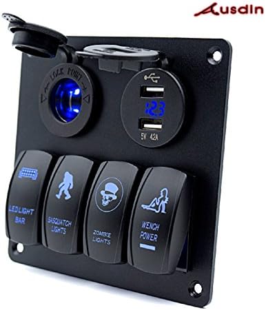 Switch Panel,Ausdin 4 Gang Laser Rocker Switch Panel Led Light Bar Control Box Marine Rocker Switch Dual USB 4.2A Outlet 12-24v Voltmeter Aluminum Heavy-Duty Waterproof Panel 16 Gauge Wiring Harness