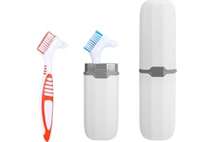 Wanmu 2Pcs Denture Toothbrushes, Denture Cleaning Brush Set, Denture Cleaning Care Brush with White Carrying Case, Multi-Layered Bristles & Ergonomic Rubber Handle for Denture Clean Care