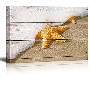 Starfish and Wave on The Beach with Vintage Wood Background
