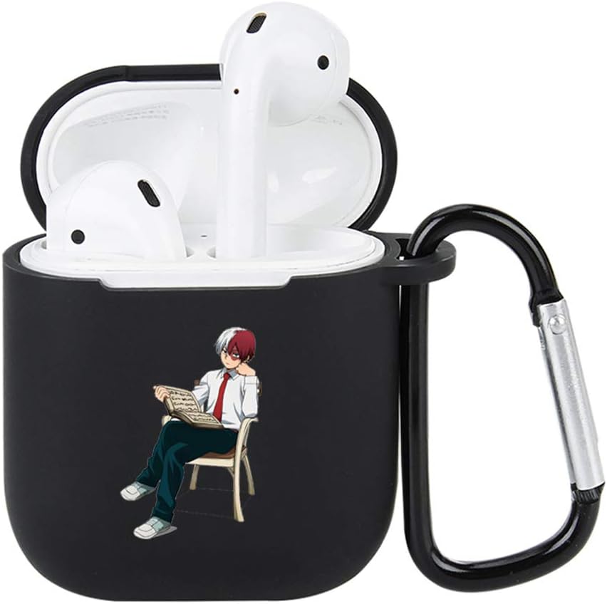 Kunandroc My Hero Academia Case for Airpods, with Anti-Lost Carabiner for Airpods 1/2, Anime Character Silicone Cover and Skin for Airpod(Black-09)
