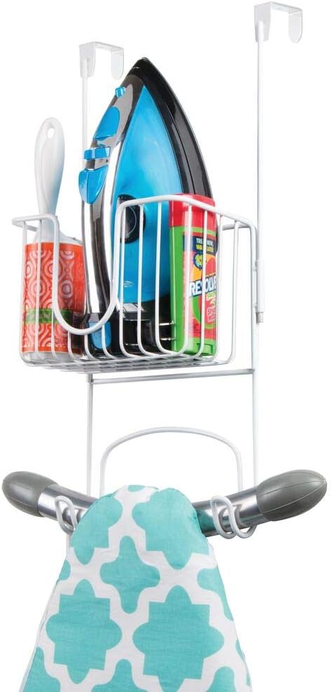 mDesign Metal Wire Over Door Hanging Ironing Board Holder with Small Storage Basket - Organizer Holds Iron, Board, Spray Bottles, Starch, Fabric Refresher - for Laundry, Utility Room, Closet - White: Home & Kitchen