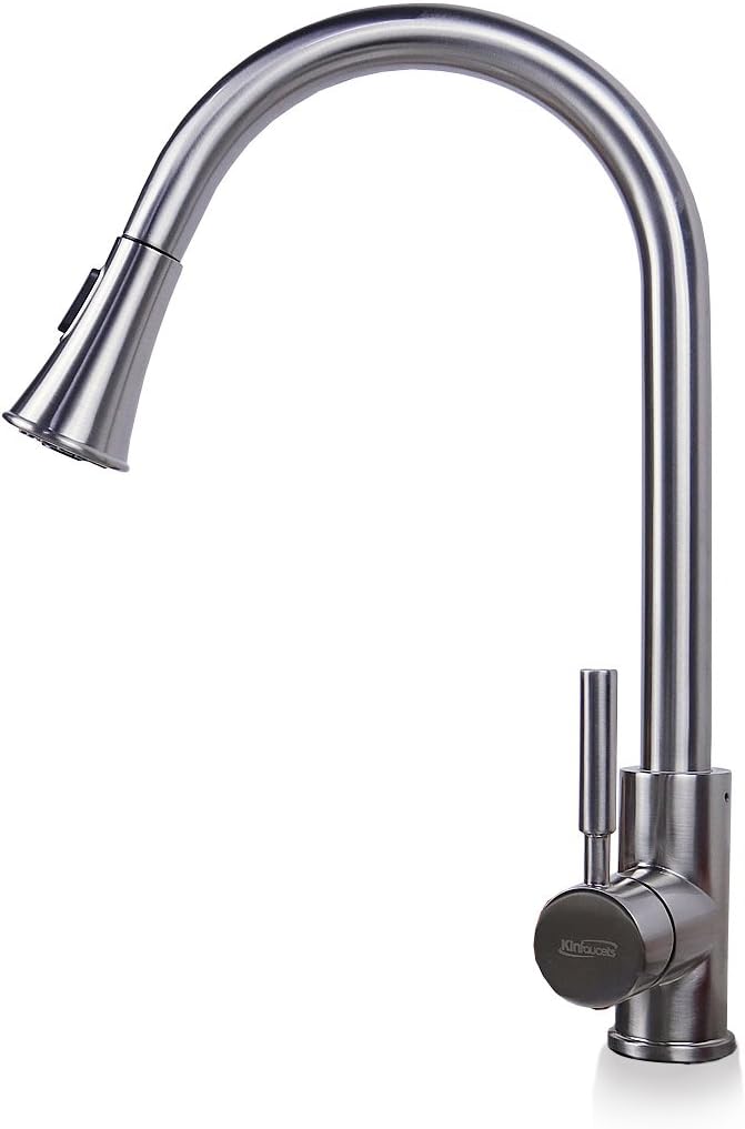 Best Kitchen Bar Commercial Versatility Faucets,KINFAUCETS Brushed Nickel High Arch Stainless Steel Single Handle Pull Down 2 Functions Spout Sprayer Touch on Durable Sink Faucets