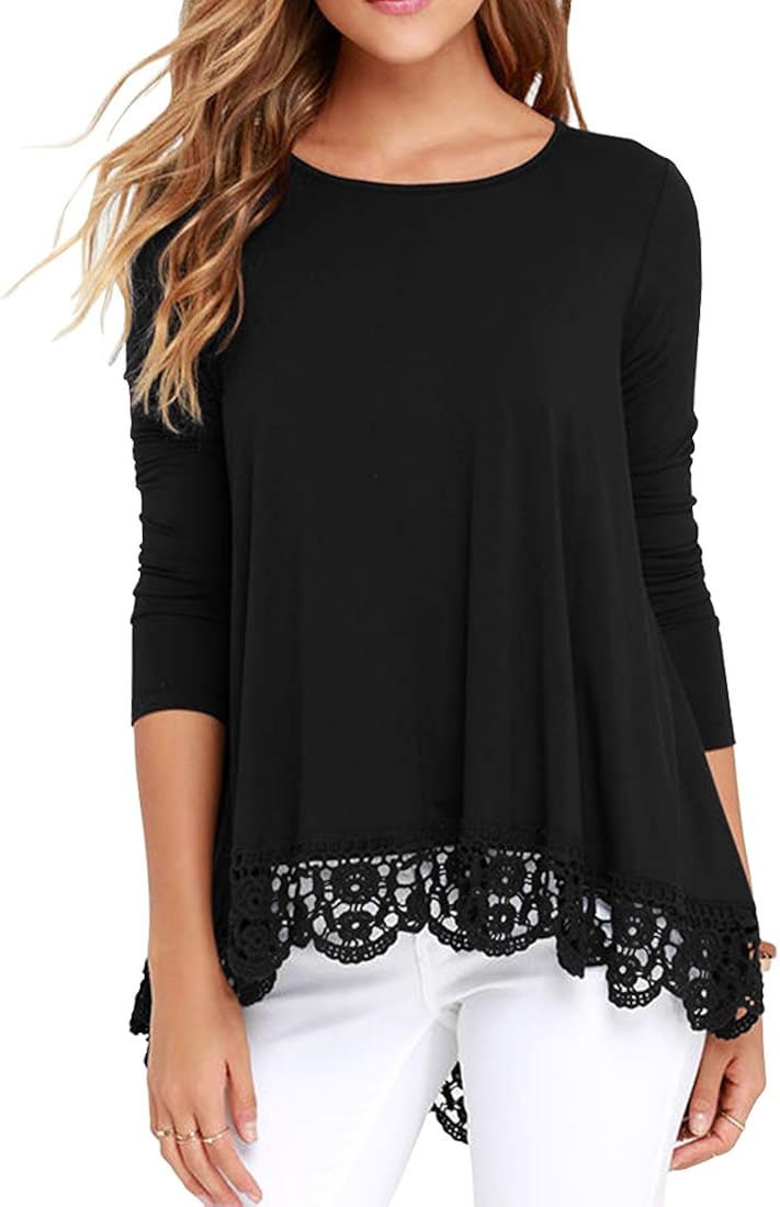 QIXING Women's Tops Short Sleeve/Long Sleeve Lace Trim O-Neck A Line Tunic Blouse at  Women’s Clothing store