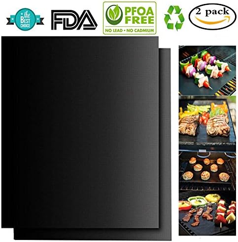 Grill Mat Set of 2 - Non Stick BBQ Grilling Mats &amp; Baking Mats- Heat Resistant, Reusable and Easy to Clean-Works on Gas,Charcoal,Oven,Electric Grill-15.75 x 13 Inch（Black）