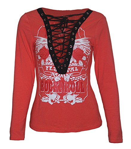 Sexy Women Lace-up Deep V Neck Rock N Roll Long Sleeve T-Shirt 3 Colors (L, Red)