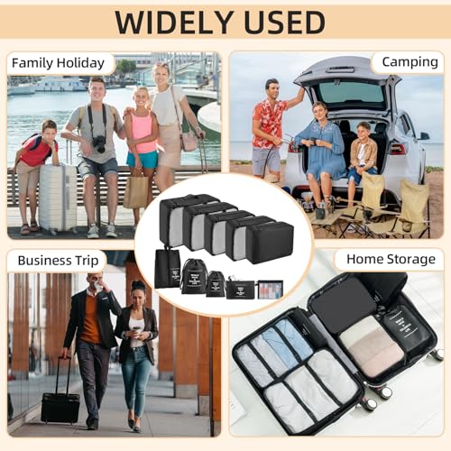 Suitcase Organizer, 10 Pieces Waterproof and Tear-Resistant Organizer Bags, Packing Cubes for Clothes, Shoes, Underwear and Cosmetics, Black