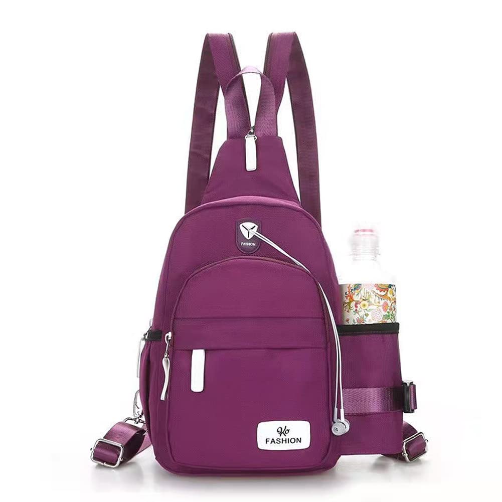 JIAQI Backpack Nylon Shoulder Bag Chest Crossbody Sling Bag With Water Bottle Holder for Men Women Hiking Camping Sports Chest Bag Purple