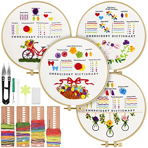 TINDTOP Embroidery Kit for Beginners, with Basic Stitch Techniques Practice Video for Adult Kids Craft Lover Hand Stitch Include Embroidery Cloth Hoops Threads Needles