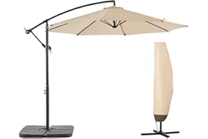 BLUU BANYAN 10 FT Patio Offset Umbrella Cantilever Hanging Umbrellas, 24 Month Fade Resistance & Water-repellent UV Protection, Crank & Cross Base (Beige, 10 FT WITH 600D COVER)