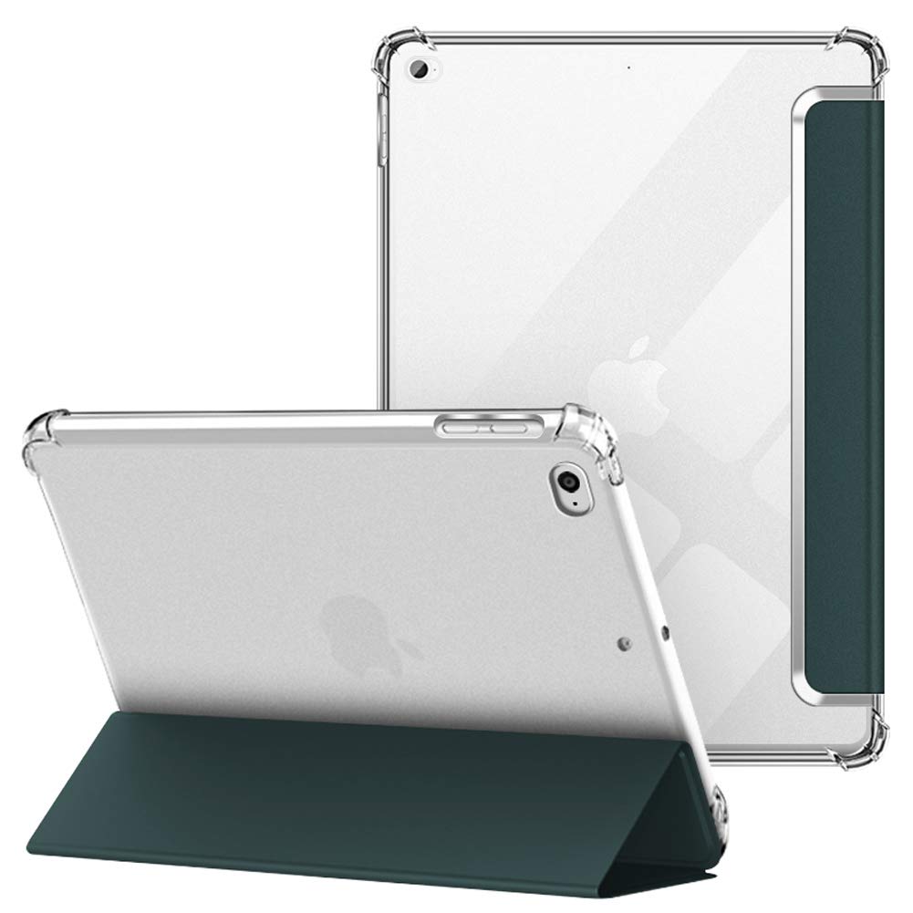 VAGHVEO iPad 2018 2017 9.7 Case/iPad Air 1 2 Case, Flexible Soft Transparent TPU Protective Shockproof Back Cover, Slim Lightweight Tri-fold Stand Smart Cases Shell Resistant Clear Case, Dark Green
