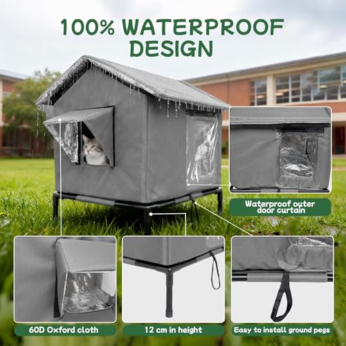 Cat House Weatherproof with Aluminum Film Insulation, All Season Insulated Cat Shelter for Stray & Feral Cats, Collapsible with Door, Easy to Assemble, Waterproof & Windproof Design for Yard(Grey)