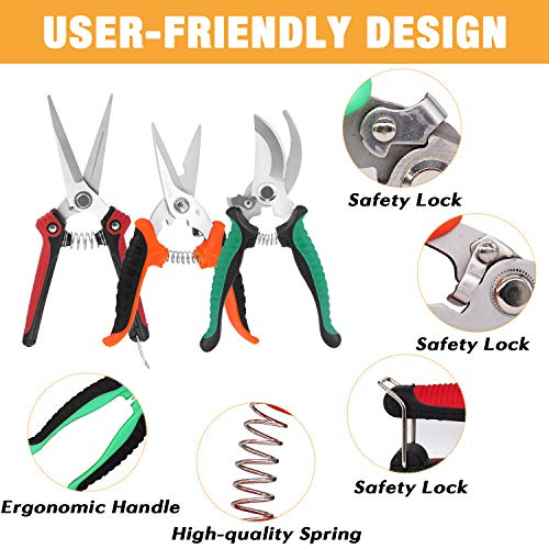 Steel Pruning Shears, Professional Gardening Shears, 3 Pcs Usefull Garden Trimming Scissor Set with Sharp and Durable Blades, Comfortable Handle, Safety Lock, Include a Storage Bag