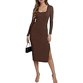 oten Women's Square Neck Long Sleeve Casual Side Slit Ribbed Knit Party Bodycon Midi Dresses