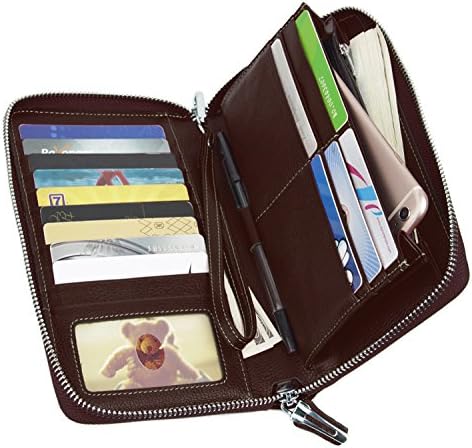 Women RFID Blocking Wallet Genuine Leather Zip Around Clutch Large Travel Purse Coffee