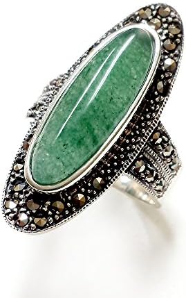 SILVER EMPIRE Fine Jewelry | 925 Sterling Silver Ring for Women | Natural Green Adventurine Oval Cabochon Cut Center Stone | Marcasite & Filigree Design | Bezel Set | Oxidized Finish | Hypoallergenic