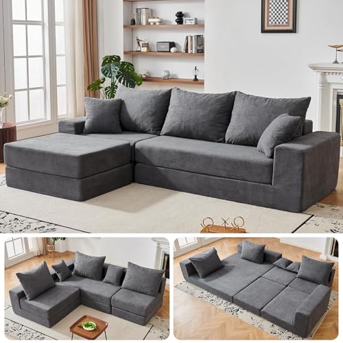 Photo 1 of CozyMine 108'' Modular Sectional Couch, Modern 3-Seater Boneless Cloud Sleeper Sofa, L-Shaped Convertible Sectional with Non-Slip Bottom, No Assembly Required, Deep Seats Couch for Living Room, Grey