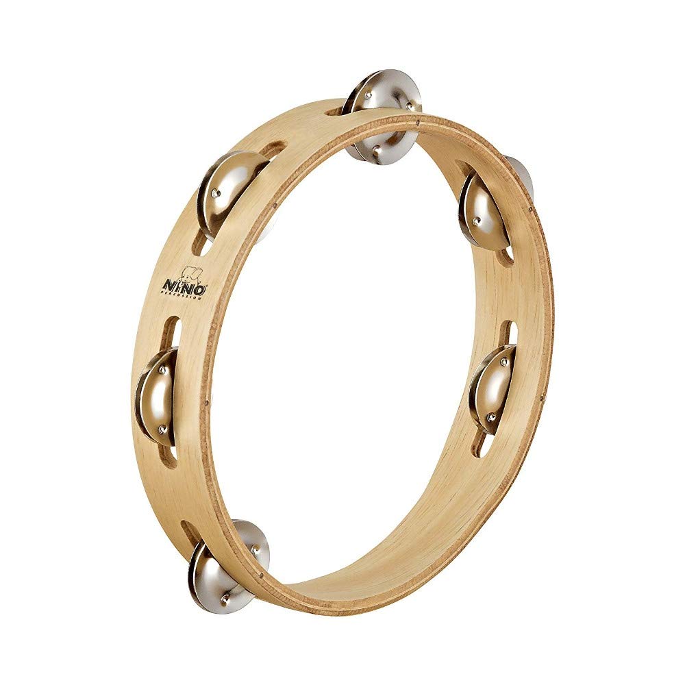 Nino Percussion Traditional Wood Trambourine - Musical Instrument for Children from 3 Years - Diameter 8 inch - 1 Row Jingles - Siam Oak, Natural (NINO46)