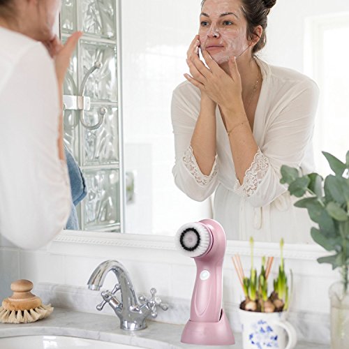 Facial Cleanser Brush, 3 in 1 Electric Rotating Facial Cleansing Brush USB Rechargeable Sonic Face Cleaners Scrubber SPA Skin Care Tool Beauty Instrument (Pink)