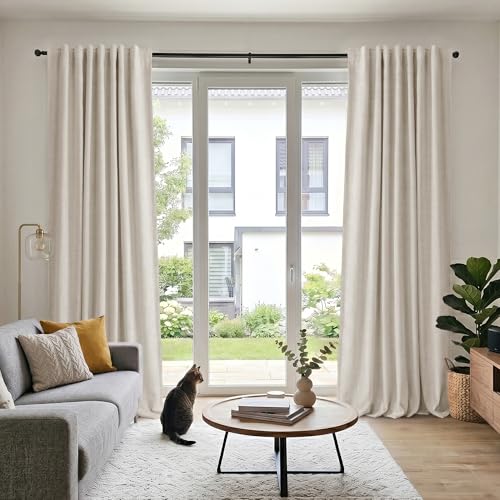 DEFYNEE 100% Blackout Curtains with Concealed Tabs, Linen Look Set of 2 Opaque Curtains Rod Pocket for Bedroom or Living Room - H245 x W140 cm, Cream