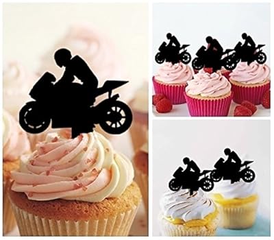 TA0200 Motorcycle Racing Sport Silhouette Party Wedding Birthday Acrylic Cupcake Toppers Decor 10 pcs
