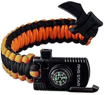 RNS STAR Paracord Survival Bracelet 500 LB - Hiking Gear Travelling Camping Gear - Parachute Rope Bracelet,Compass Stone,Stainless Fire Scrapper,Flint Fire Starter,Survival Knife,Whistle