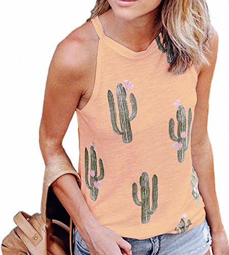 Sibylla Women High Neck Floral & Cactus Print Tank Top Sleeveless Casual Vest T-Shirt Blouse Tops