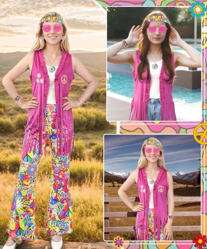 HEITOYI Women's Hippie Costume, 70s Costume with Dress, Vest, Trousers and Accessories, Carnival Costumes Adult Women, Cosplay Hippie for Halloween, Carnival, Party