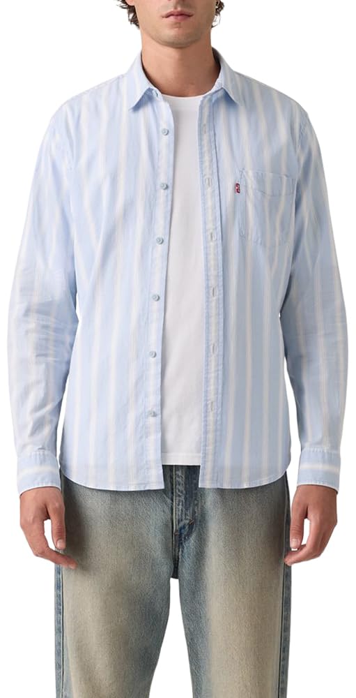 Levi's Men's Classic 1 Pocket Long Sleeve Button Up Shirt, (New) Kayden Stripe Chambray Blue, Medium Image