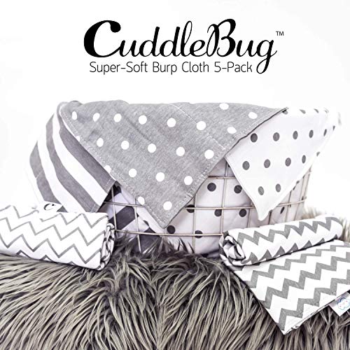 CuddleBug Baby Burp Cloths, Grey & White (Spots & Stripes) - Pack of 5 - Extra Absorbent 100% Organic Cotton Burp Cloths