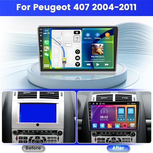 Inefala Radio for Peugeot 407 2004-2011 Android 15 2+64G with Wireless Carplay and Android Auto, 9'' Touch Screen Stereo Radio with Bluetooth 26UI EQ GPS FM/RDS SWC AHD Reverse Camera