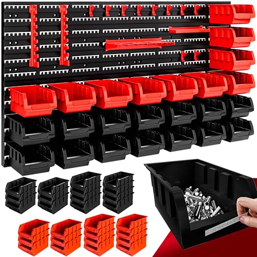 Monzana® Wandregal 43 tlg mit Stapelboxen und Werkzeughalter Box Erweiterbar Werkzeuglochwand Werkstattregal