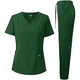 Dagacci Medical Uniform Women's Scrub Set 4-Way Stretch Y-Neck Stitch Tape Top and Pants