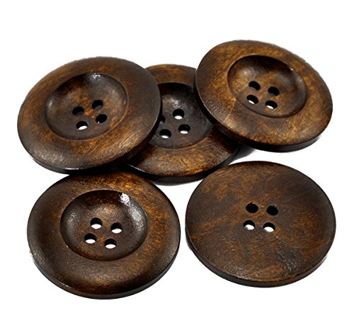 HOUSWEETY 20PCs Dark Coffee 4 Holes Round Wood Sewing Buttons 35mm(1 3/8") Dia.