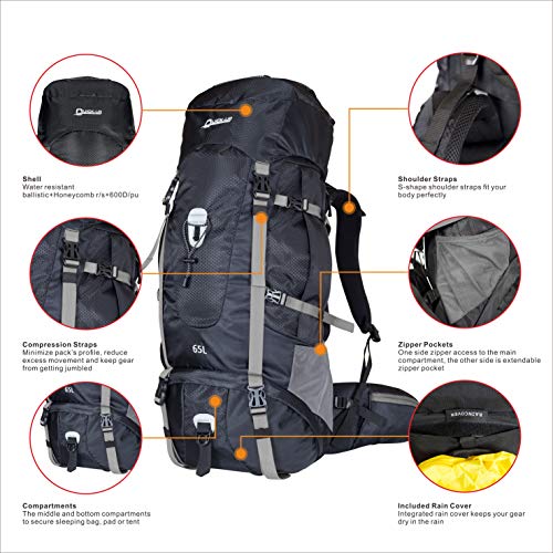 Upgraded Hiking Backpack 65L Internal Frame, Daypack Backpacking for