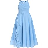 IBTOM CASTLE Flower Girls Dress Halter Pleated Chiffon Junior Bridesmaid Dress Wedding Flowy A-line Party Pageant Prom Dress