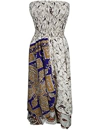 Mogul Womens 2 in 1 Strapless Dress Maxi Skirts Boho Recycled Printed Vintage Sari Two Layer
