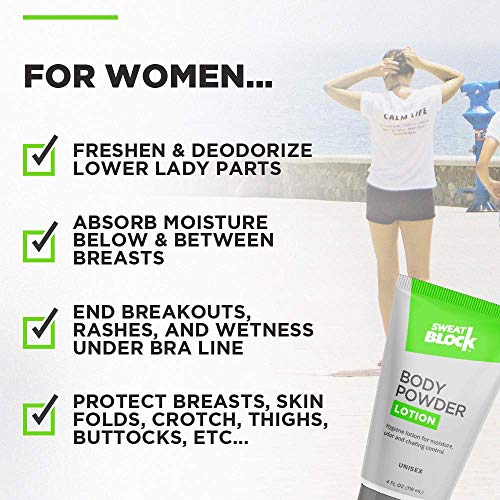SweatBlock Body Powder Lotion, Talc Free, Anti-Chafing, Deodorizing - No Mess Body Powder for Men and Women, 4 fl oz - Thumbnail 5