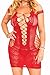 FIYOTE Women Crocheted Hollow Out Bodycon Lingerie Fishnet Mini Chemise Dress (One Size, Red)