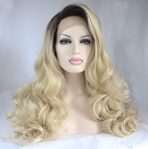 Fantasy Beauty Long Wavy Ombre Blonde Lace Front Wig Dark Roots Glueless Synthetic Hair Wig Heat Resistant Fiber Natural Fully Front Lace Women Wigs
