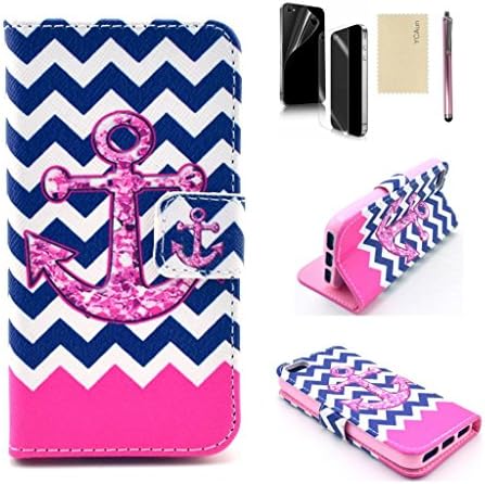 For iPhone 5S Case 5g Cover YCAun Wallet Flip Folio Cute Case PU Leather Stand Magnet Slim Fit Case With Card Holder/Slots Pocket Stylus Screen Protector and Cleaning Cloth [Chevron with Anchor]