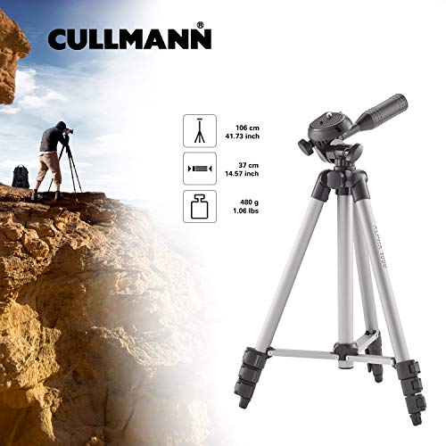 CULLMANN - 52100 - Alpha 1000 Stativ mit 3-Wege-Kopf - 3 Auszüge - Gewicht 480g - Tragfähigkeit 1 kg - 106cm Höhe - Packmaß 37cm - Silber