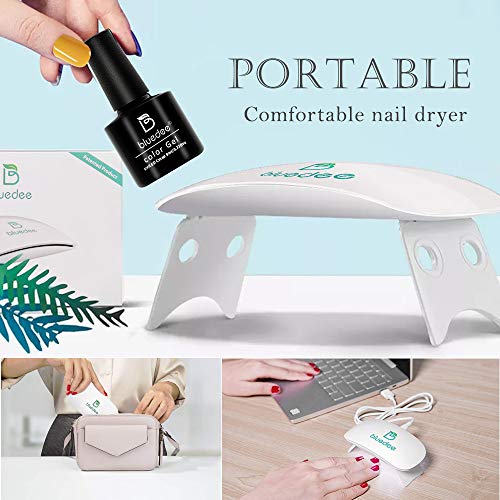 Bluedee Gel Nail Polish Starter Kit 6 pcs Ice Cream Series Colors Gel Polish Set with 9W UV LED Nail Lamp Dryer Base Coat Strength Top Coat Glitter Powder Nail Art Rhinestone Home Manicure Gift Box