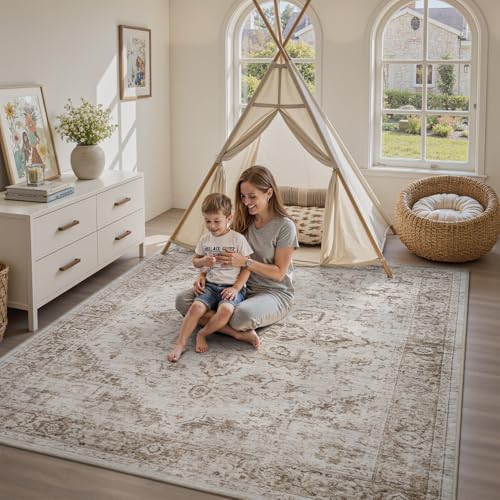PADOOR 5×7 Area Rug for Living Room, Machine Washable Soft Large Bedroom Rug, Non-Slip Durable Low Pile Vintage Rug, Easy Clean Indoor Carpet for Hall, Kitchen, Dorm, Nursery, Office in Beige