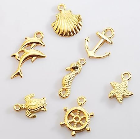 Amazon チャーム セット 夏 ゴールド 14個セット 金 色 ヒトデ イカリ 海 シェル イルカ 亀 海星 スターフィッシュ マリン パウダートレーディング チャーム アクセサリートップ 通販
